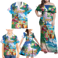 Hawaii Cocktails Family Matching Off Shoulder Maxi Dress and Hawaiian Shirt Parrot with Cute Beach Landscape and Tropical Plants LT03 - Polynesian Pride