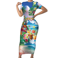 Hawaii Cocktails Family Matching Short Sleeve Bodycon Dress and Hawaiian Shirt Parrot with Cute Beach Landscape and Tropical Plants LT03 Mom's Dress Pastel - Polynesian Pride