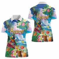 Hawaii Cocktails Women Polo Shirt Parrot with Cute Beach Landscape and Tropical Plants LT03 - Polynesian Pride