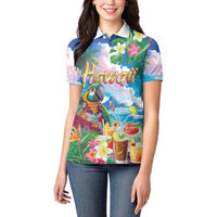 Hawaii Cocktails Women Polo Shirt Parrot with Cute Beach Landscape and Tropical Plants LT03 - Polynesian Pride