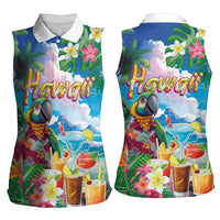 Hawaii Cocktails Women Sleeveless Polo Shirt Parrot with Cute Beach Landscape and Tropical Plants