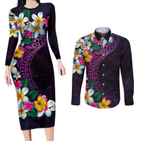 Hawaiian Plumeria-Polynesian Art Tattoo Mauve Color Couples Matching Long Sleeve Bodycon Dress and Long Sleeve Button Shirt LT03 Purple - Polynesian Pride