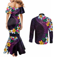 Hawaiian Plumeria-Polynesian Art Tattoo Mauve Color Couples Matching Mermaid Dress and Long Sleeve Button Shirt LT03 - Polynesian Pride