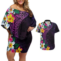 Hawaiian Plumeria-Polynesian Art Tattoo Mauve Color Couples Matching Off Shoulder Short Dress and Hawaiian Shirt LT03 Purple - Polynesian Pride