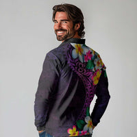 Hawaiian Plumeria-Polynesian Art Tattoo Mauve Color Long Sleeve Polo Shirt