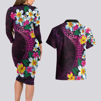 Hawaiian Plumeria-Polynesian Art Tattoo Plum Pink Color Couples Matching Long Sleeve Bodycon Dress and Hawaiian Shirt LT03 - Polynesian Pride