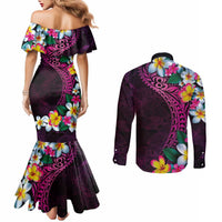 Hawaiian Plumeria-Polynesian Art Tattoo Plum Pink Color Couples Matching Mermaid Dress and Long Sleeve Button Shirt LT03 - Polynesian Pride