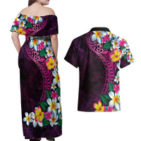 Hawaiian Plumeria-Polynesian Art Tattoo Plum Pink Color Couples Matching Off Shoulder Maxi Dress and Hawaiian Shirt LT03 - Polynesian Pride