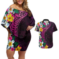 Hawaiian Plumeria-Polynesian Art Tattoo Plum Pink Color Couples Matching Off Shoulder Short Dress and Hawaiian Shirt LT03 Pink - Polynesian Pride