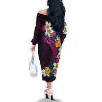 Hawaiian Plumeria-Polynesian Art Tattoo Plum Pink Color Family Matching Off The Shoulder Long Sleeve Dress and Hawaiian Shirt LT03 - Polynesian Pride