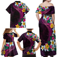 Hawaiian Plumeria-Polynesian Art Tattoo Plum Pink Color Family Matching Off Shoulder Maxi Dress and Hawaiian Shirt LT03 - Polynesian Pride