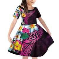 Hawaiian Plumeria-Polynesian Art Tattoo Plum Pink Color Family Matching Off Shoulder Short Dress and Hawaiian Shirt LT03 Daughter's Dress Pink - Polynesian Pride