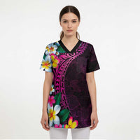 Hawaiian Plumeria-Polynesian Art Tattoo Plum Pink Color Scrub Top - Polynesian Pride