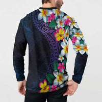 Hawaiian Plumeria-Polynesian Art Tattoo Frosted Blue Violet Color Button Sweatshirt
