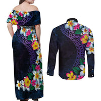 Hawaiian Plumeria-Polynesian Art Tattoo Frosted Blue Violet Color Couples Matching Off Shoulder Maxi Dress and Long Sleeve Button Shirt LT03 - Polynesian Pride