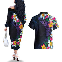 Hawaiian Plumeria-Polynesian Art Tattoo Frosted Blue Violet Color Couples Matching Off The Shoulder Long Sleeve Dress and Hawaiian Shirt LT03 - Polynesian Pride