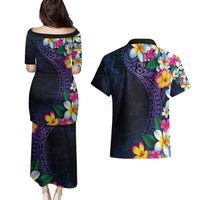Hawaiian Plumeria-Polynesian Art Tattoo Frosted Blue Violet Color Couples Matching Puletasi and Hawaiian Shirt LT03 - Polynesian Pride