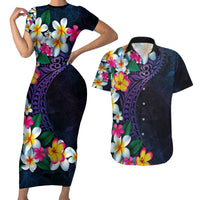 Hawaiian Plumeria-Polynesian Art Tattoo Frosted Blue Violet Color Couples Matching Short Sleeve Bodycon Dress and Hawaiian Shirt LT03 Blue - Polynesian Pride