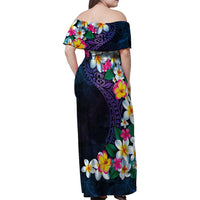 Hawaiian Plumeria-Polynesian Art Tattoo Frosted Blue Violet Color Family Matching Off Shoulder Maxi Dress and Hawaiian Shirt LT03 - Polynesian Pride