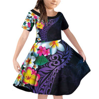 Hawaiian Plumeria-Polynesian Art Tattoo Frosted Blue Violet Color Family Matching Off Shoulder Short Dress and Hawaiian Shirt LT03 Daughter's Dress Blue - Polynesian Pride