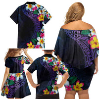 Hawaiian Plumeria-Polynesian Art Tattoo Frosted Blue Violet Color Family Matching Off Shoulder Short Dress and Hawaiian Shirt LT03 - Polynesian Pride