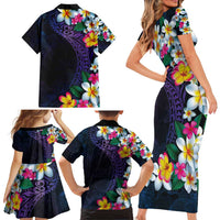 Hawaiian Plumeria-Polynesian Art Tattoo Frosted Blue Violet Color Family Matching Short Sleeve Bodycon Dress and Hawaiian Shirt LT03 - Polynesian Pride