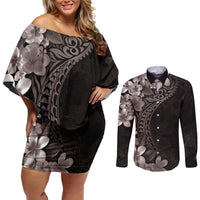 Hawaiian Plumeria-Polynesian Art Tattoo Grayscale Color Couples Matching Off Shoulder Short Dress and Long Sleeve Button Shirt LT03 Gray - Polynesian Pride