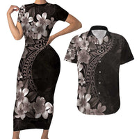 Hawaiian Plumeria-Polynesian Art Tattoo Grayscale Color Couples Matching Short Sleeve Bodycon Dress and Hawaiian Shirt LT03 Gray - Polynesian Pride