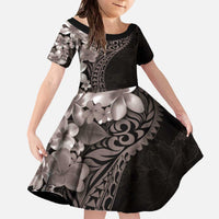 Hawaiian Plumeria-Polynesian Art Tattoo Grayscale Color Family Matching Off The Shoulder Long Sleeve Dress and Hawaiian Shirt LT03 Daughter's Dress Gray - Polynesian Pride