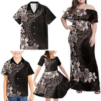 Hawaiian Plumeria-Polynesian Art Tattoo Grayscale Color Family Matching Off Shoulder Maxi Dress and Hawaiian Shirt LT03 - Polynesian Pride