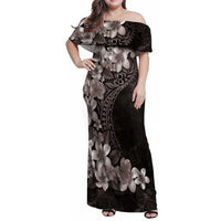 Hawaiian Plumeria-Polynesian Art Tattoo Grayscale Color Family Matching Off Shoulder Maxi Dress and Hawaiian Shirt LT03 Mom's Dress Gray - Polynesian Pride