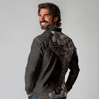 Hawaiian Plumeria-Polynesian Art Tattoo Grayscale Color Long Sleeve Polo Shirt