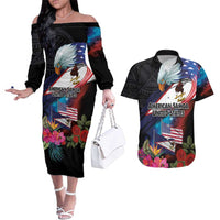 American Samoa and United States Together Couples Matching Off The Shoulder Long Sleeve Dress and Hawaiian Shirt National Flag with Eagle-Hibiscus and Rose