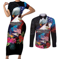 American Samoa and United States Together Couples Matching Short Sleeve Bodycon Dress and Long Sleeve Button Shirt National Flag with Eagle-Hibiscus and Rose LT03 Black - Polynesian Pride