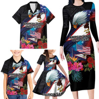 American Samoa and United States Together Family Matching Long Sleeve Bodycon Dress and Hawaiian Shirt National Flag with Eagle-Hibiscus and Rose LT03 - Polynesian Pride