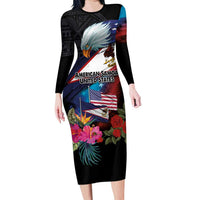 American Samoa and United States Together Family Matching Long Sleeve Bodycon Dress and Hawaiian Shirt National Flag with Eagle-Hibiscus and Rose LT03 Mom's Dress Black - Polynesian Pride