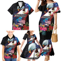 American Samoa and United States Together Family Matching Mermaid Dress and Hawaiian Shirt National Flag with Eagle-Hibiscus and Rose LT03 - Polynesian Pride