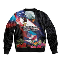 American Samoa and United States Together Sleeve Zip Bomber Jacket National Flag with Eagle-Hibiscus and Rose