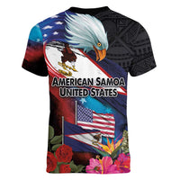 American Samoa and United States Together Women V-Neck T-Shirt National Flag with Eagle-Hibiscus and Rose LT03 - Polynesian Pride