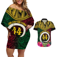 Vanuatu 44th Anniversary Independence Day Couples Matching Off Shoulder Short Dress and Hawaiian Shirt Boars Tusk and Namele Plant LT03 Black - Polynesian Pride
