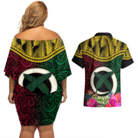 Vanuatu 44th Anniversary Independence Day Couples Matching Off Shoulder Short Dress and Hawaiian Shirt Boars Tusk and Namele Plant LT03 - Polynesian Pride