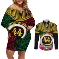 Vanuatu 44th Anniversary Independence Day Couples Matching Off Shoulder Short Dress and Long Sleeve Button Shirt Boars Tusk and Namele Plant LT03
