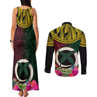Vanuatu 44th Anniversary Independence Day Couples Matching Tank Maxi Dress and Long Sleeve Button Shirt Boars Tusk and Namele Plant LT03