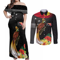 Papua New Guinea Independence Day Couples Matching Off Shoulder Maxi Dress and Long Sleeve Button Shirt PNG Flag and Bird-of-Paradise LT03 Black - Polynesian Pride
