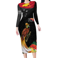 Papua New Guinea Independence Day Family Matching Long Sleeve Bodycon Dress and Hawaiian Shirt PNG Flag and Bird-of-Paradise LT03 Mom's Dress Black - Polynesian Pride