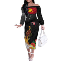 Papua New Guinea Independence Day Family Matching Off The Shoulder Long Sleeve Dress and Hawaiian Shirt PNG Flag and Bird-of-Paradise LT03 Mom's Dress Black - Polynesian Pride