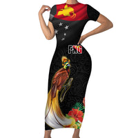 Papua New Guinea Independence Day Family Matching Short Sleeve Bodycon Dress and Hawaiian Shirt PNG Flag and Bird-of-Paradise LT03 Mom's Dress Black - Polynesian Pride