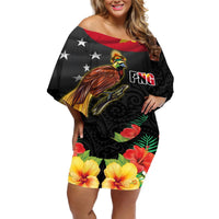 Papua New Guinea Independence Day Off Shoulder Short Dress PNG Flag and Bird-of-Paradise LT03 Women Black - Polynesian Pride