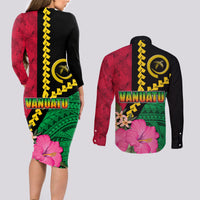 Vanuatu Flag Hibiscus Polynesian Pattern Couples Matching Long Sleeve Bodycon Dress and Long Sleeve Button Shirt