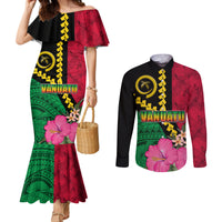 Vanuatu Flag Hibiscus Polynesian Pattern Couples Matching Mermaid Dress and Long Sleeve Button Shirt